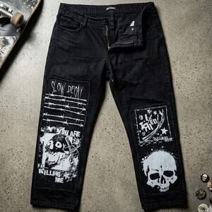 Hot Topic Mall Goth Punk Patchwork Black Denim Jeans Skulls Barbed Wire 32x32